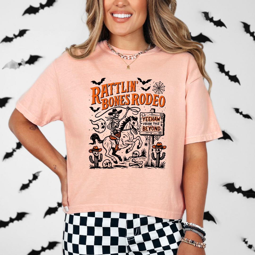 Rattlinā Bones Rodeo Skeleton Cowboy Halloween Tee | Comfort Colors T Shirt