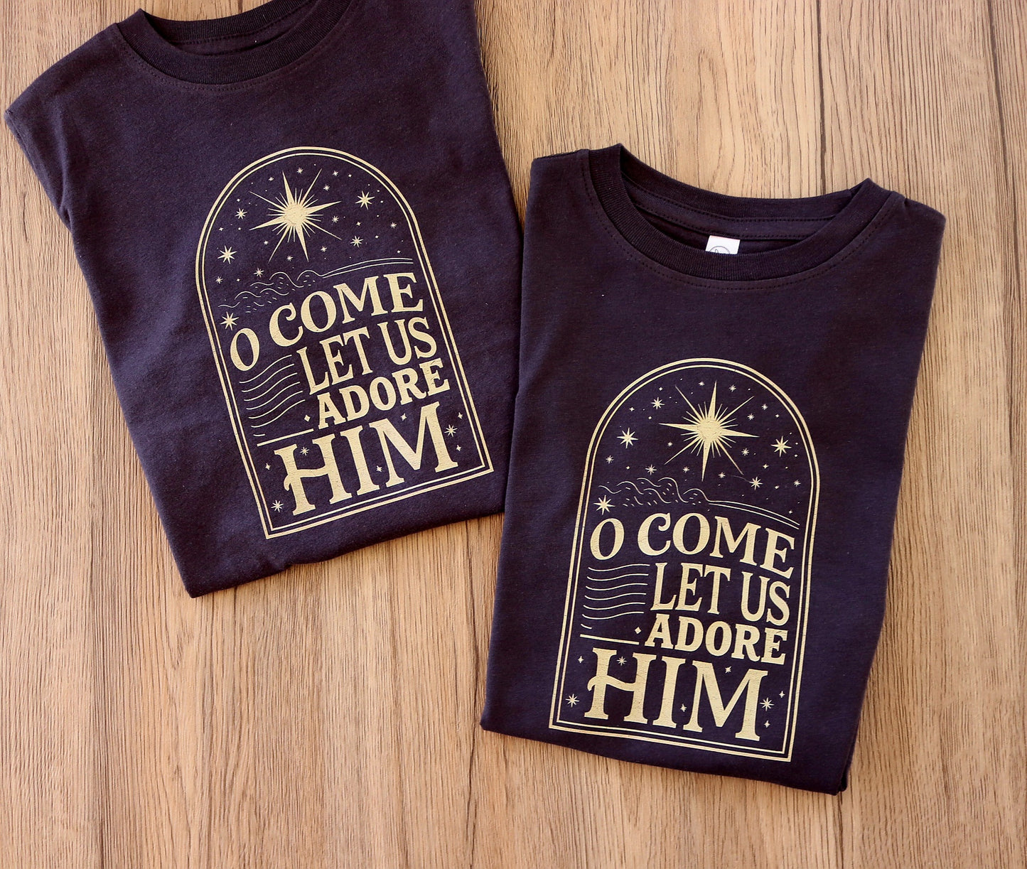 O Come Let Us Adore Him Tee | Christian Christmas Shirt | Gold Holiday Faith T-Shirt