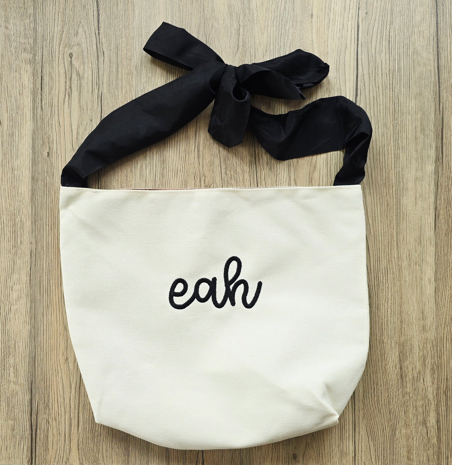 Personalized Canvas Tote Bag, Black Bow Tie Handles, Custom Name Monogram Bag