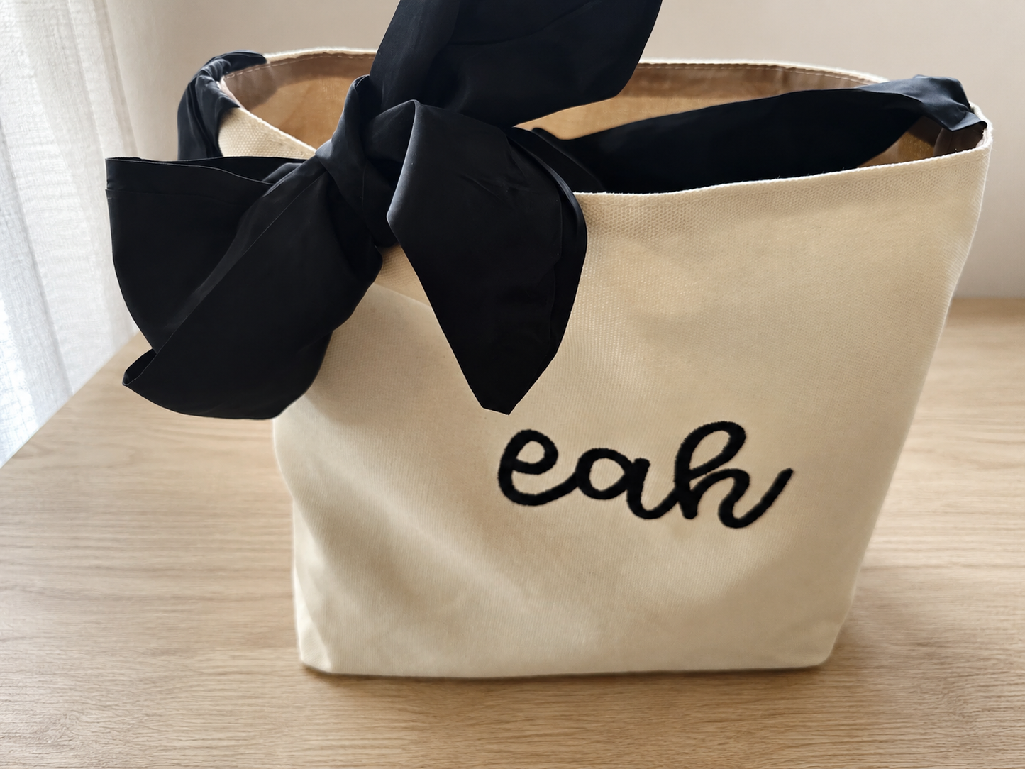 Personalized Canvas Tote Bag, Black Bow Tie Handles, Custom Name Monogram Bag