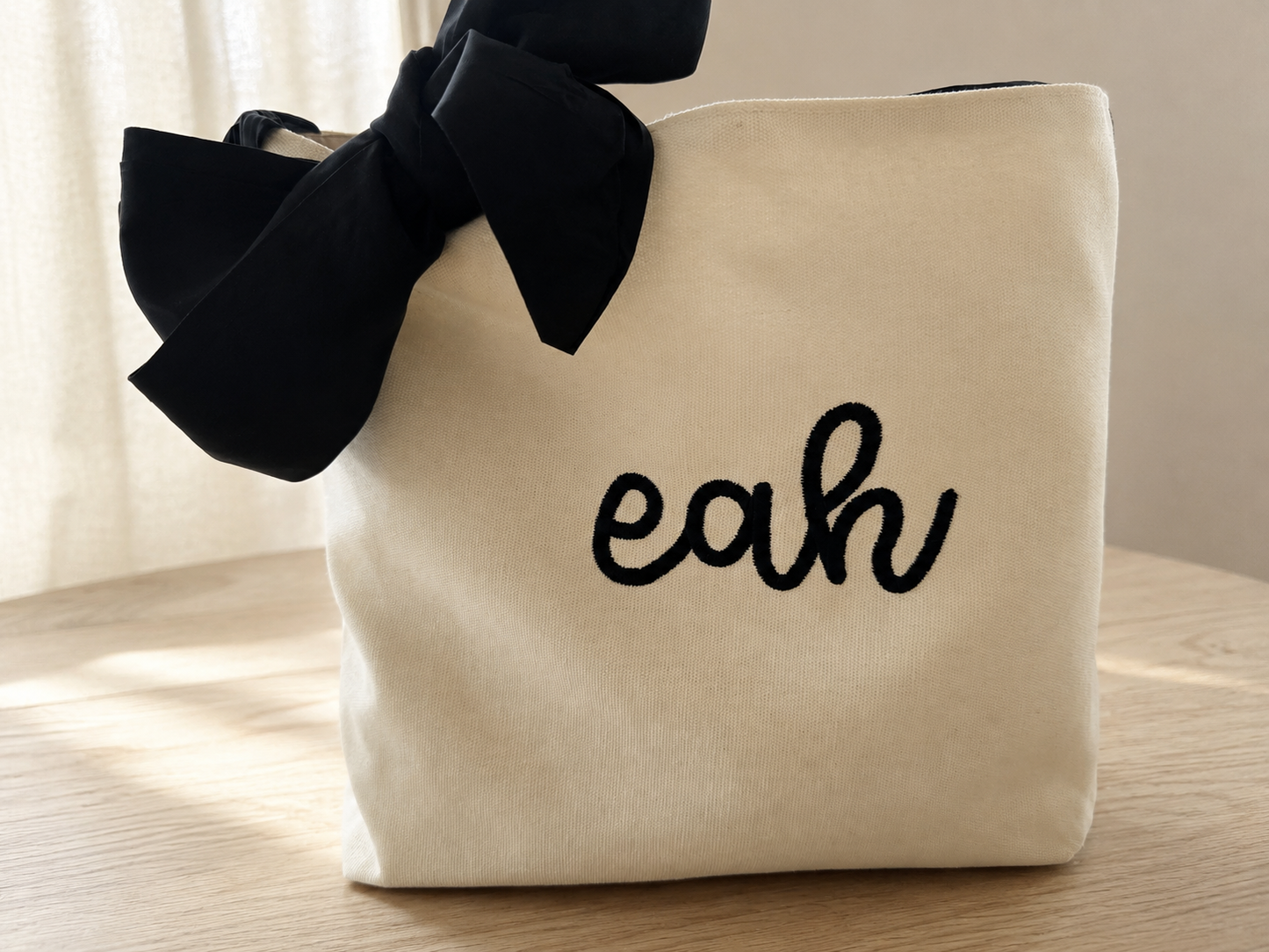 Personalized Canvas Tote Bag, Black Bow Tie Handles, Custom Name Monogram Bag