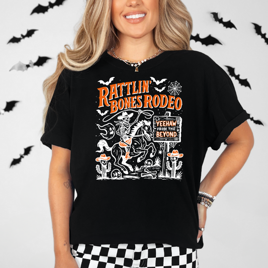 Rattlin’ Bones Rodeo Skeleton Cowboy Halloween Tee | Comfort Colors T Shirt