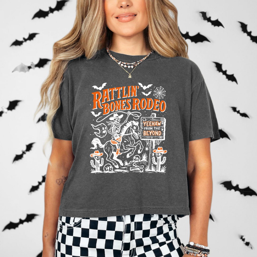 Rattlin’ Bones Rodeo Skeleton Cowboy Halloween Tee | Comfort Colors T Shirt