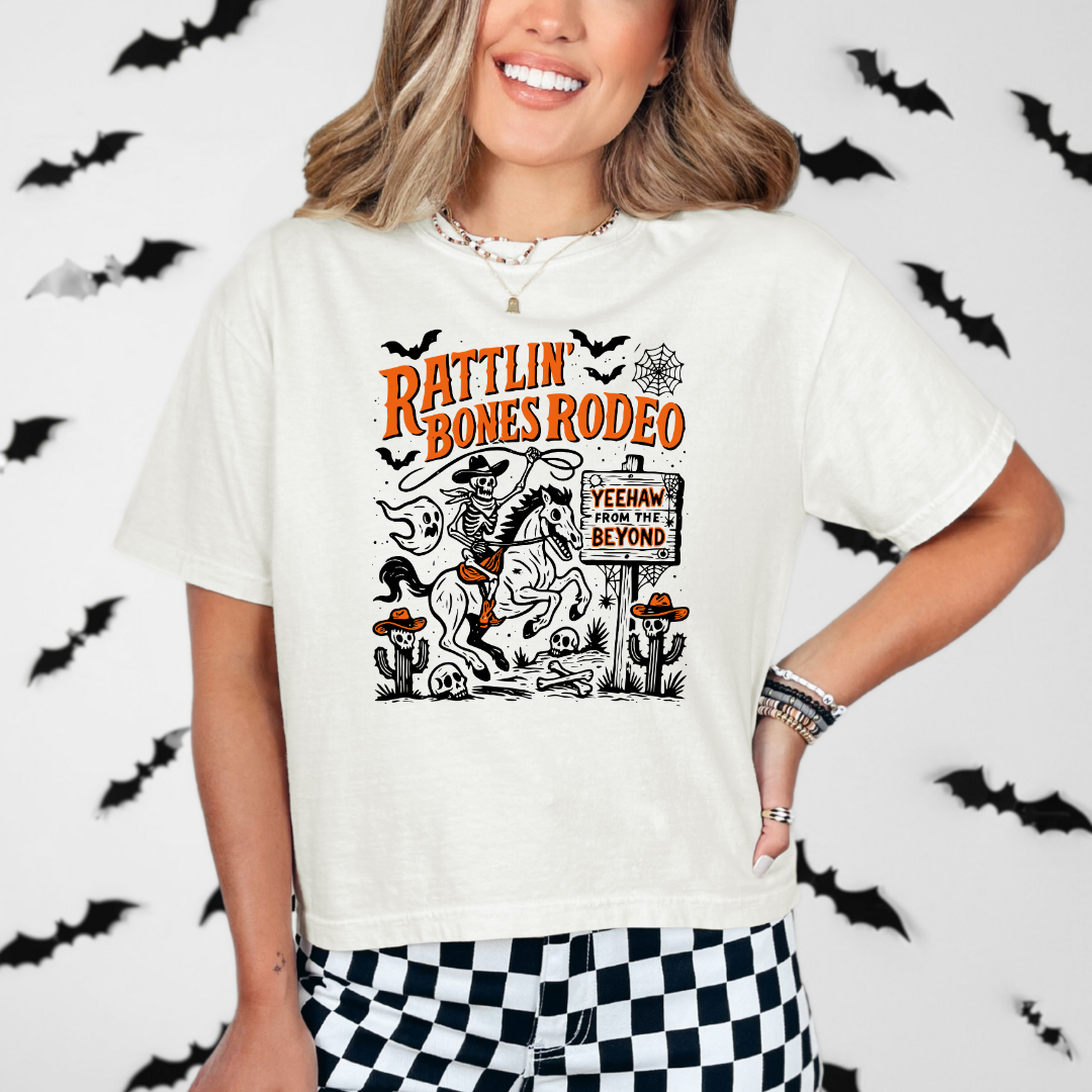 Rattlin’ Bones Rodeo Skeleton Cowboy Halloween Tee | Comfort Colors T Shirt
