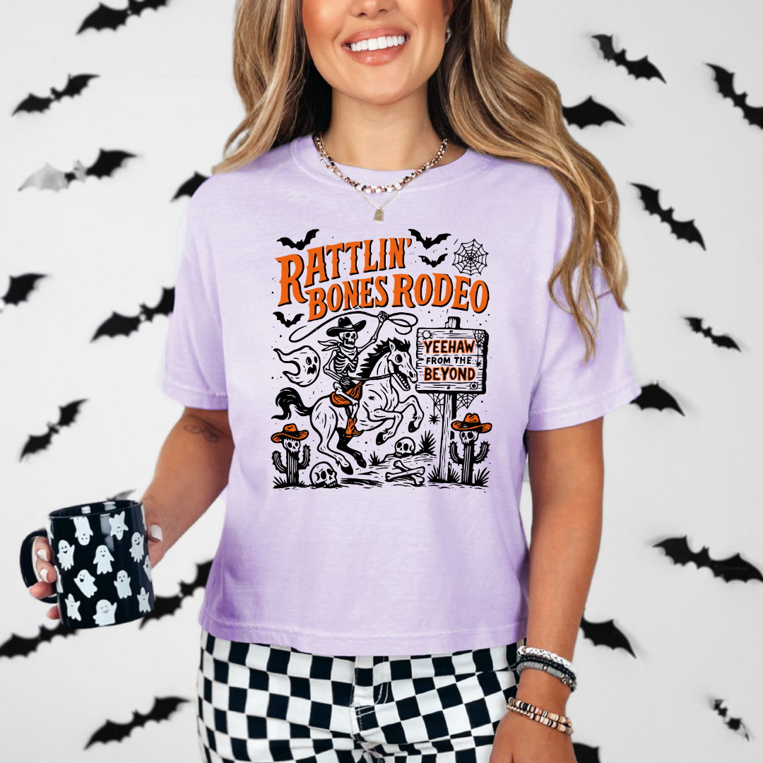 Rattlin’ Bones Rodeo Skeleton Cowboy Halloween Tee | Comfort Colors T Shirt