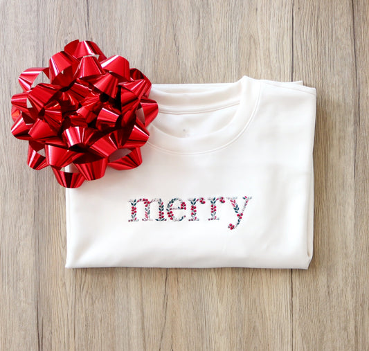 Cream Merry Embroidered Sweatshirt | Minimal Holiday Pullover | Christmas Cozy Top