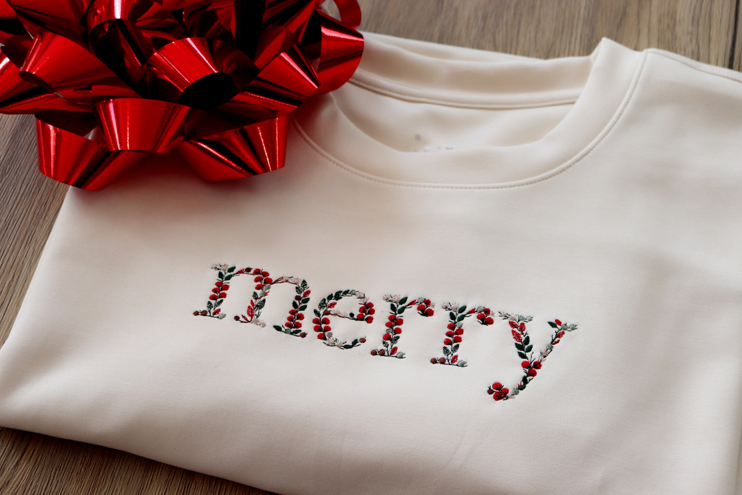 Cream Merry Embroidered Sweatshirt | Minimal Holiday Pullover | Christmas Cozy Top