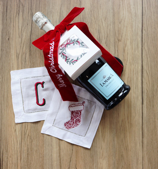 Custom Embroidered Cocktail Napkin Gift Set – Personalized Holiday Hostess Bundle