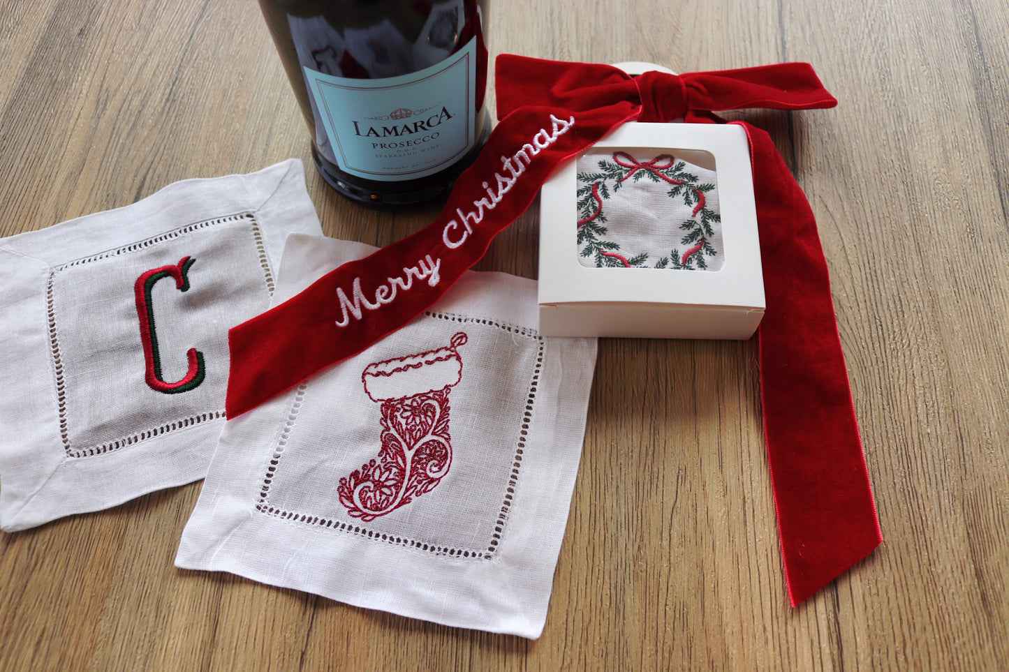 Custom Embroidered Cocktail Napkin Gift Set – Personalized Holiday Hostess Bundle
