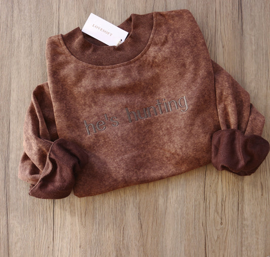 He’s Hunting Vintage Wash Embroidered Sweatshirt – Neutral Drop-Shoulder Pullover